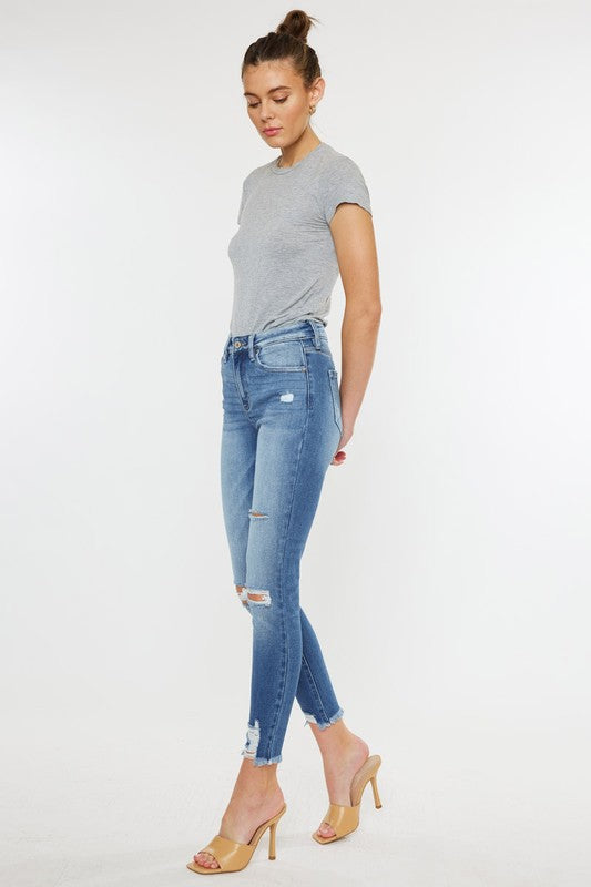 HIGH RISE FRAY HEM ANKLE SKINNY JEANS