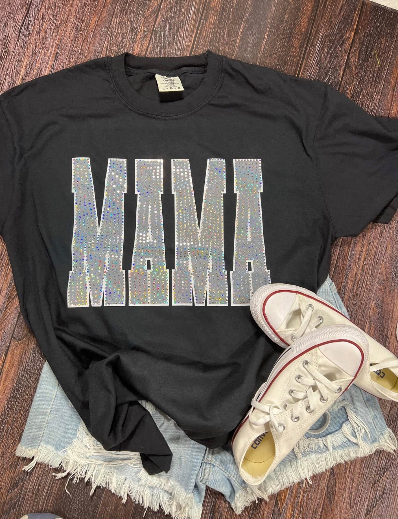 MAMA Silver Spangle Black Comfort Colors Tee (preorder)