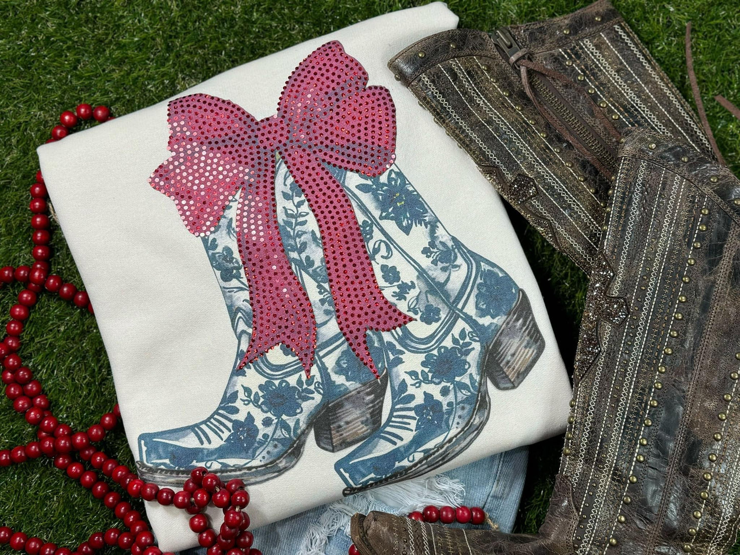 Floral Boots Red Spangle Bow Sweatshirt