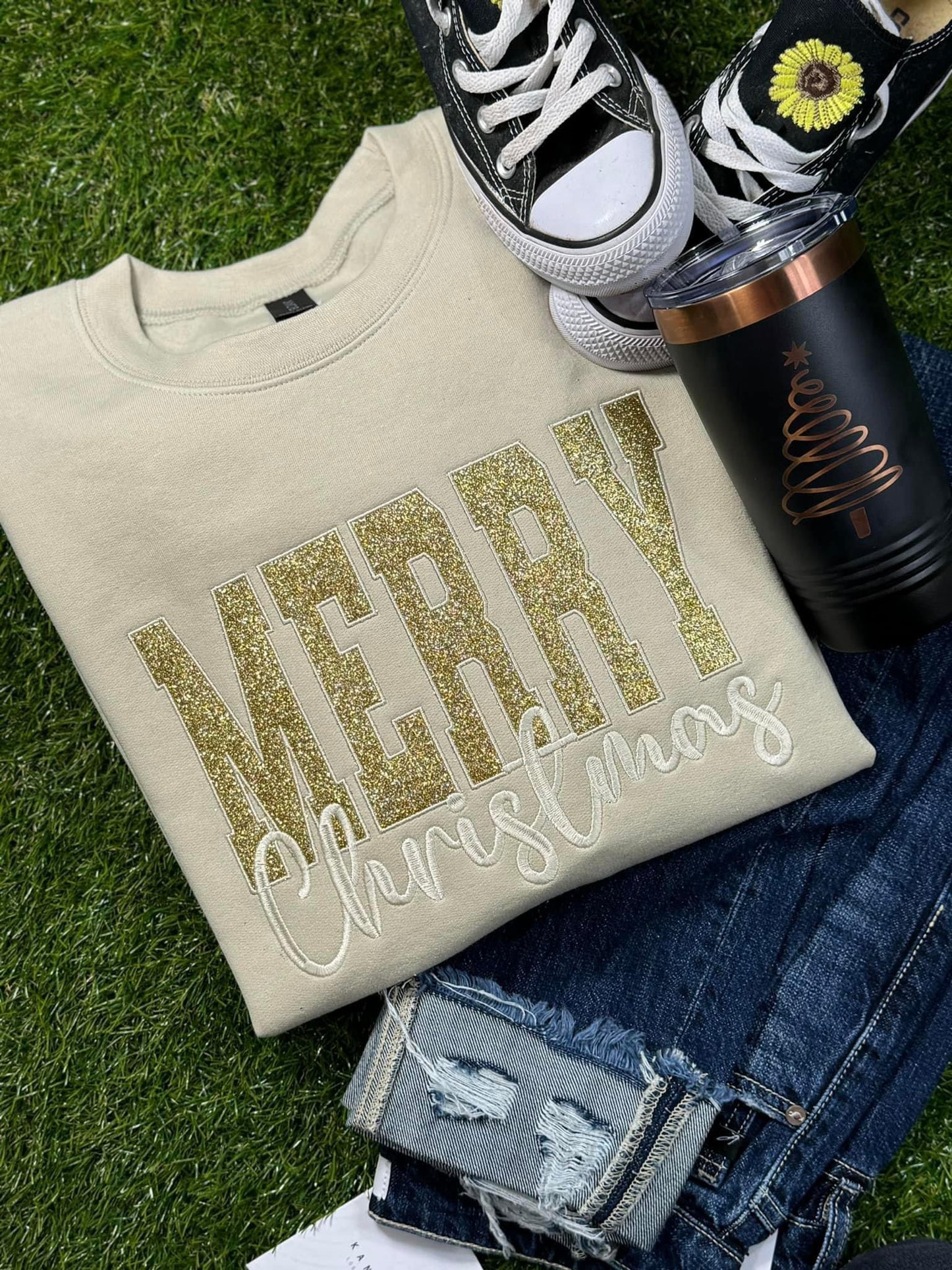 Merry Christmas Gold Glitter Embroidery Crew