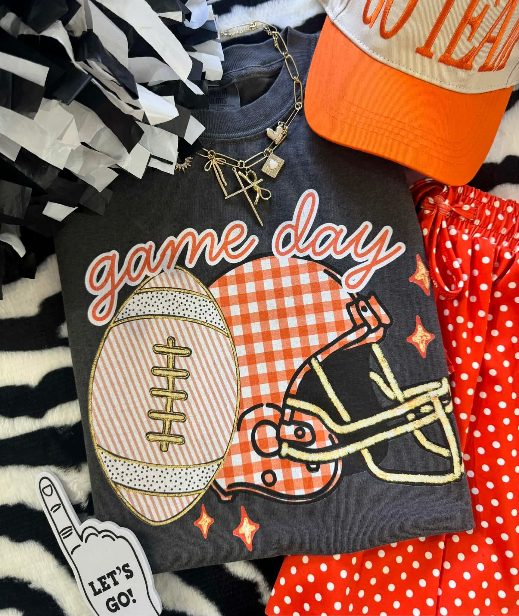 Game Day Orange Gingham Bow Helmet Tee