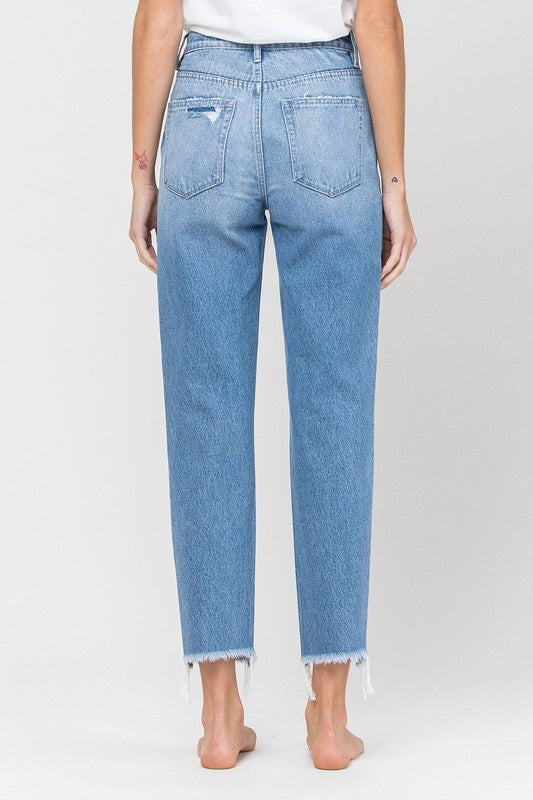 DISTRESSED RAW HEM MOM JEANS