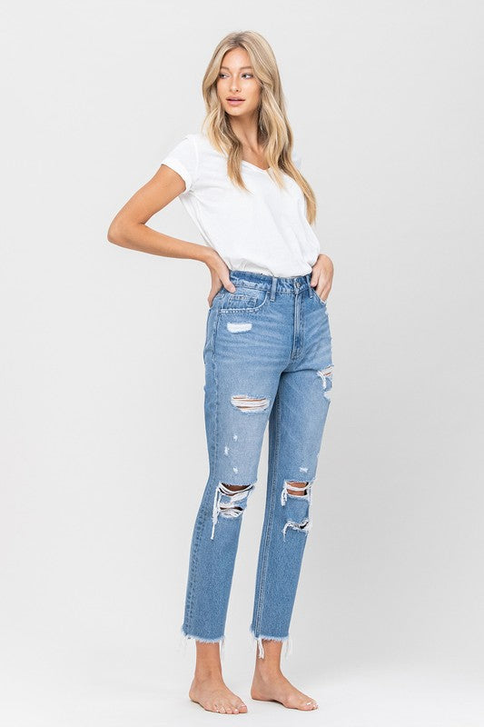 DISTRESSED RAW HEM MOM JEANS