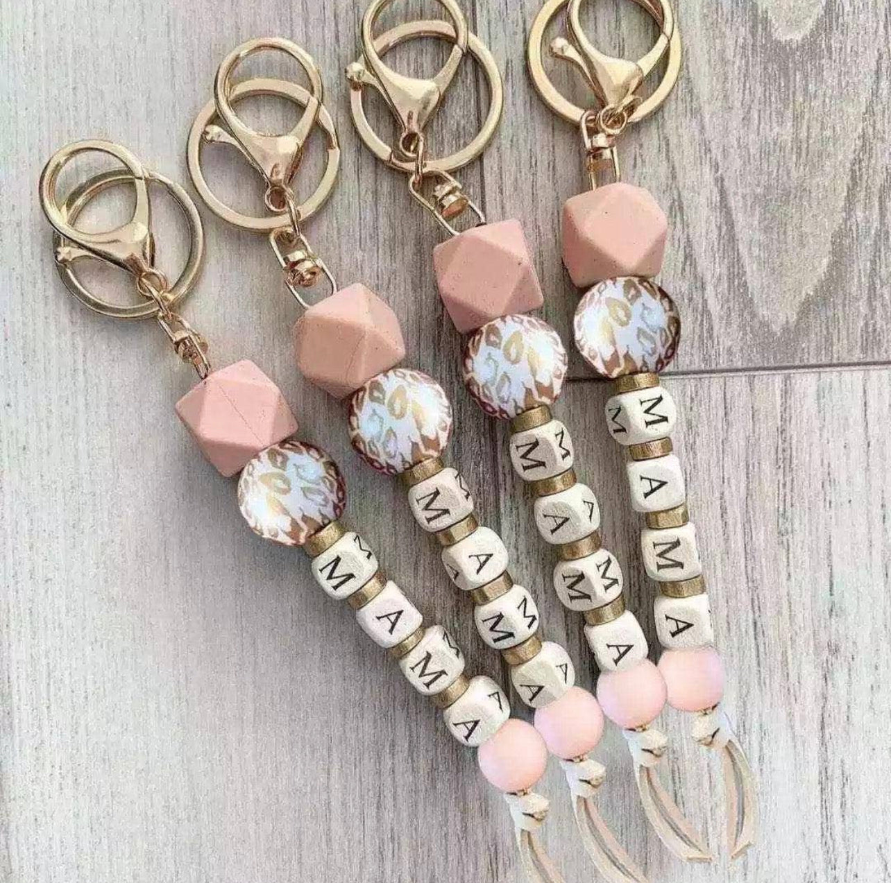 White Leopard Mama Beaded Tassel Keychain