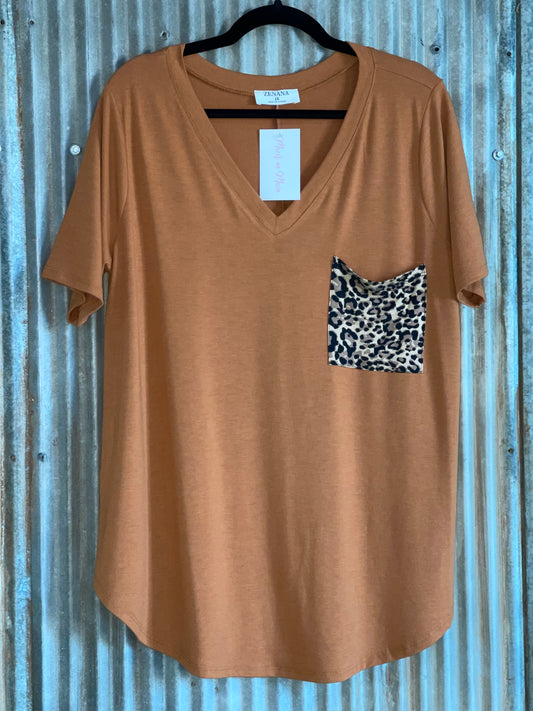 V- Neck Short Sleeve Sequin Pocket Top